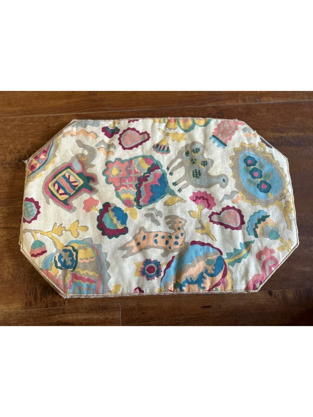 Set of 4 Vintage Octagonal Quilted Fabric Placemats with Colorful Animal and Gea